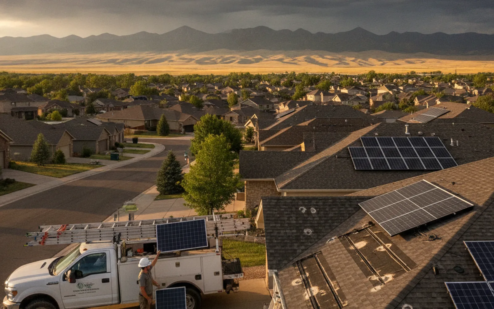 Greeley Solar Reset crew with their work truck and padded panel racks